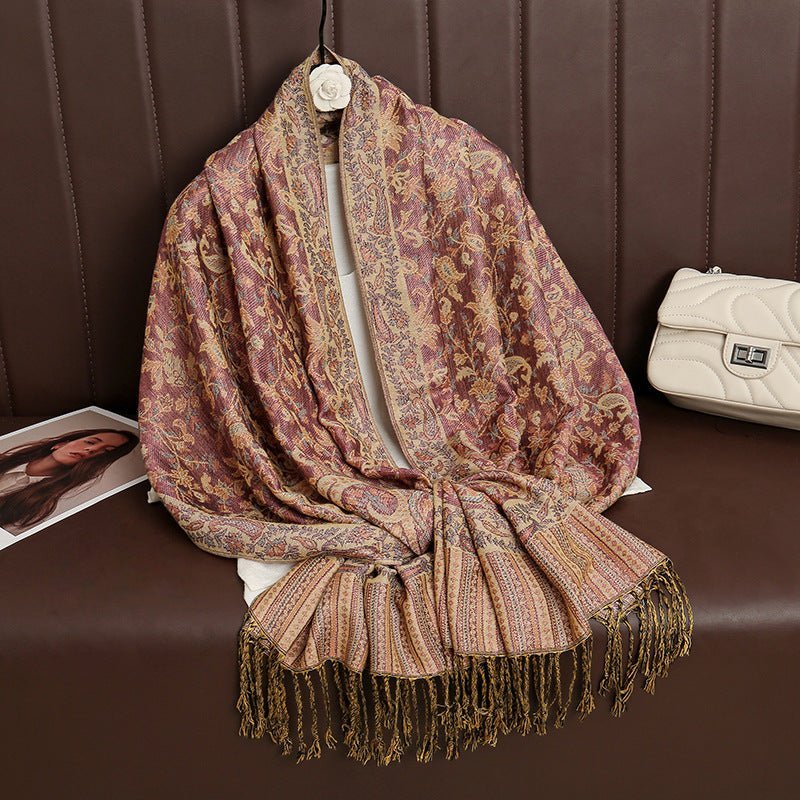 Hijab Vintage Shawl à Motif Fleur de Cajou avec Pompons (MH101)