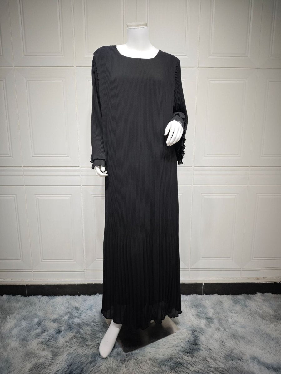 Robe Abaya élégante en mousseline plissée pour femmes musulmanes, coupe pull-over modeste, coloris uni, avec manches évasées (MA176)