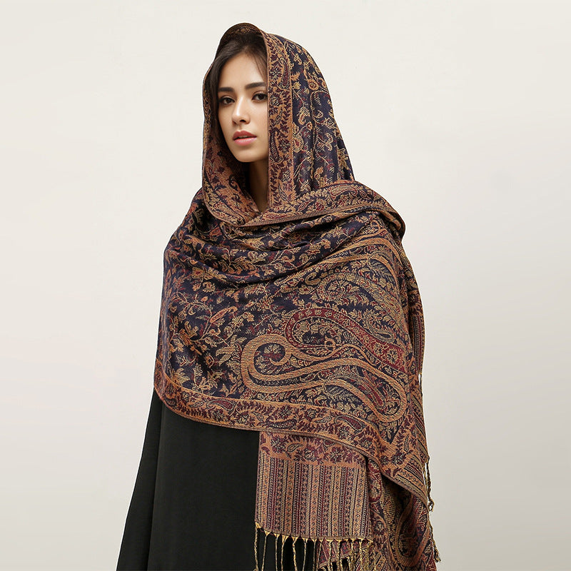 Hijab Vintage Shawl à Motif Fleur de Cajou avec Pompons (MH101)