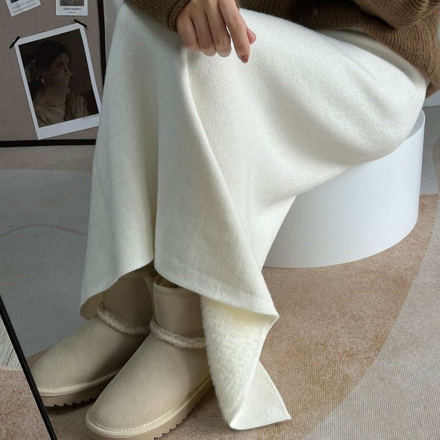 Jupe midi polaire hiver | Jupe en maille chaude taille haute avec fente latérale (MS207)
