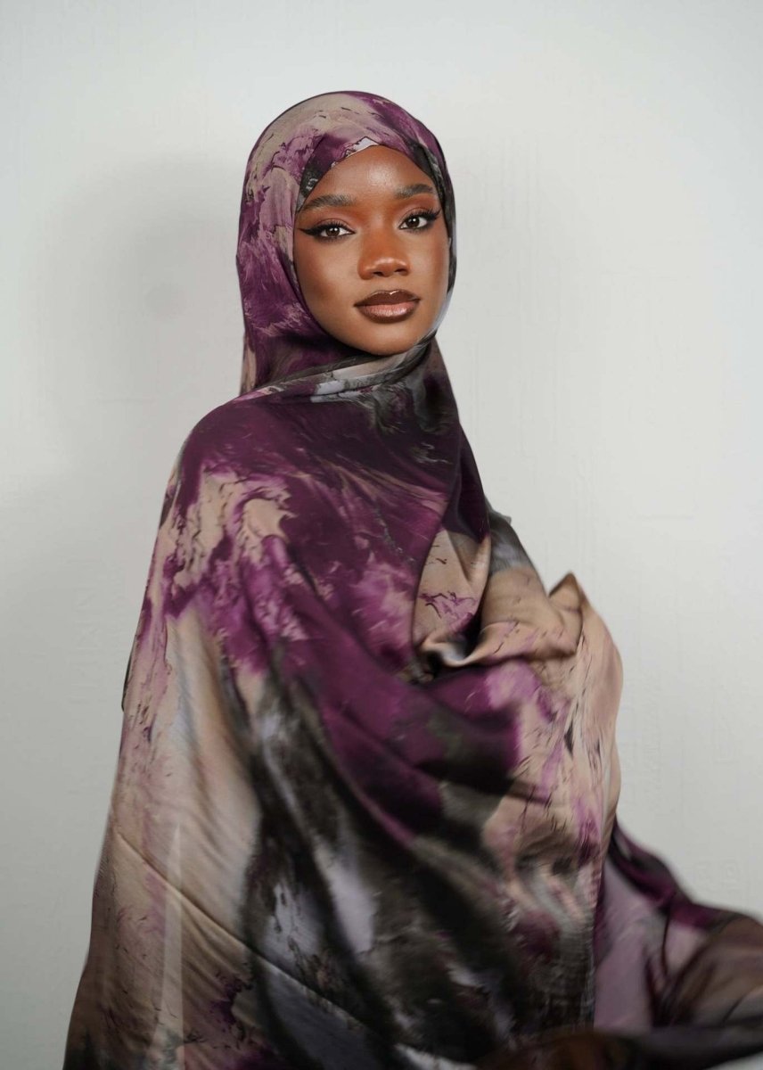 Foulard Hijab Imprimé Luxueux Aspect Soie | Grand Hijab Rectangulaire 180x85cm (MH146)