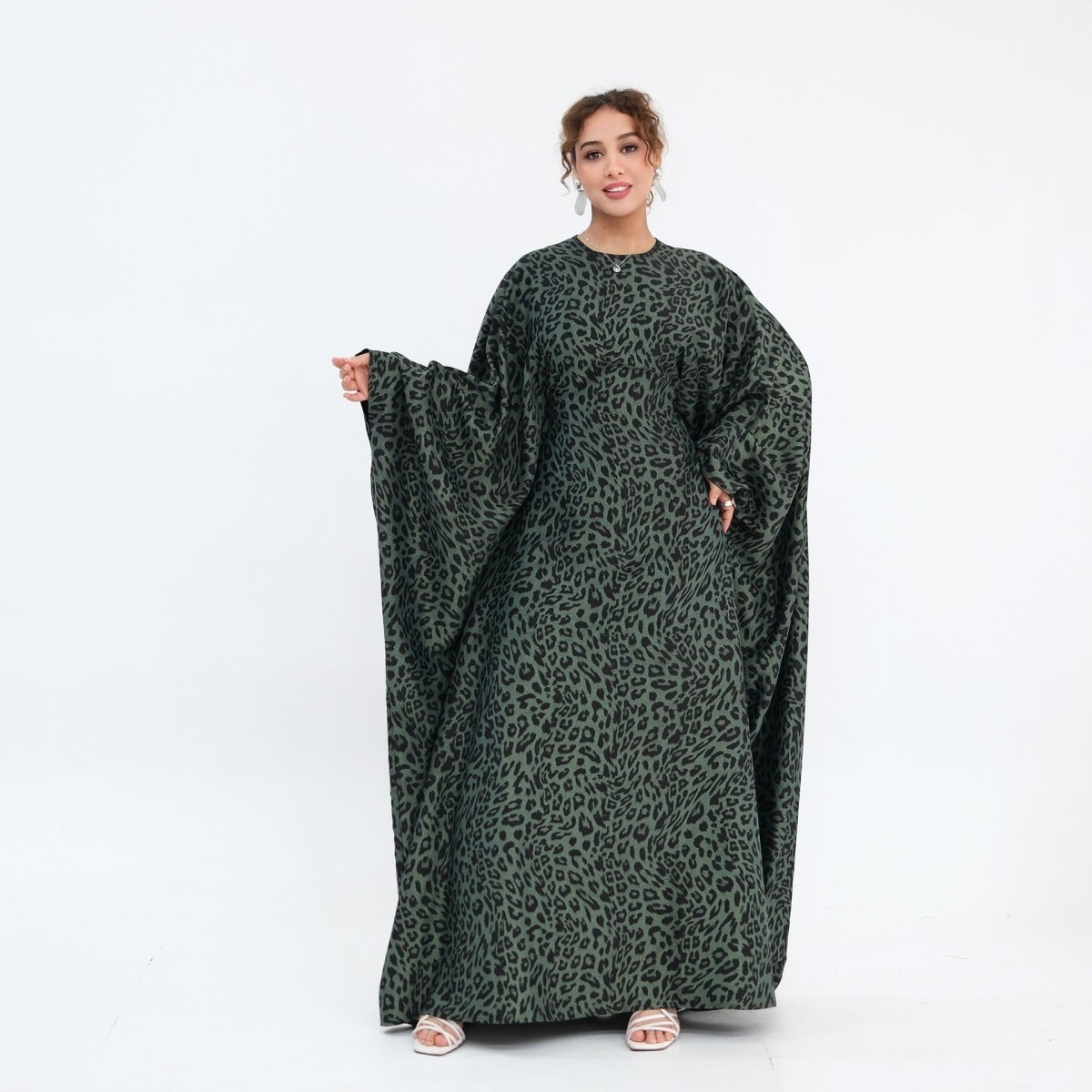 Robe Maxi Imprimé Léopard à Manches Chauve-Souris (MA450)