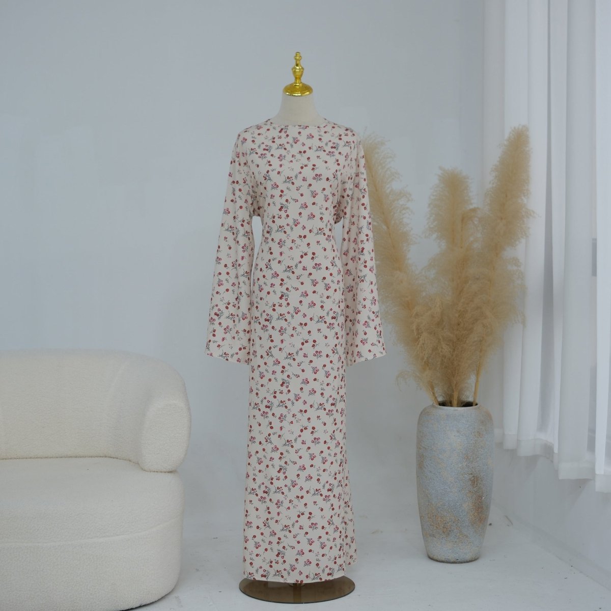 Robe Maxi à Manches Évasées et Motif Floral (MS490)
