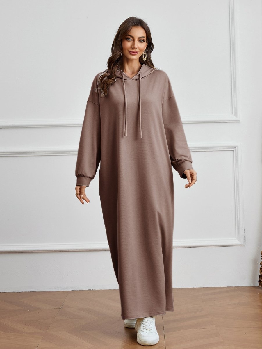 Robe Décontractée à Capuche avec Poche, Couleur Unie - Robe d'Intérieur Pudique à Manches Longues avec Capuche à Cordon (MA282)