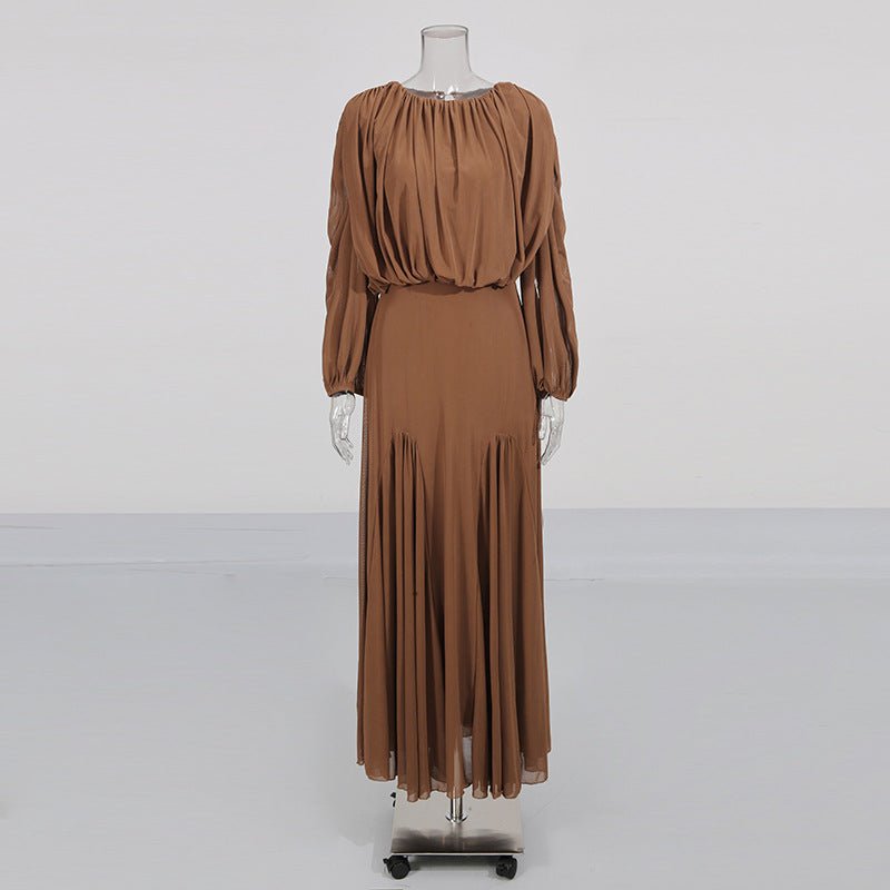 Robe longue col rond, bustier drapé et manches lanterne (MS402)