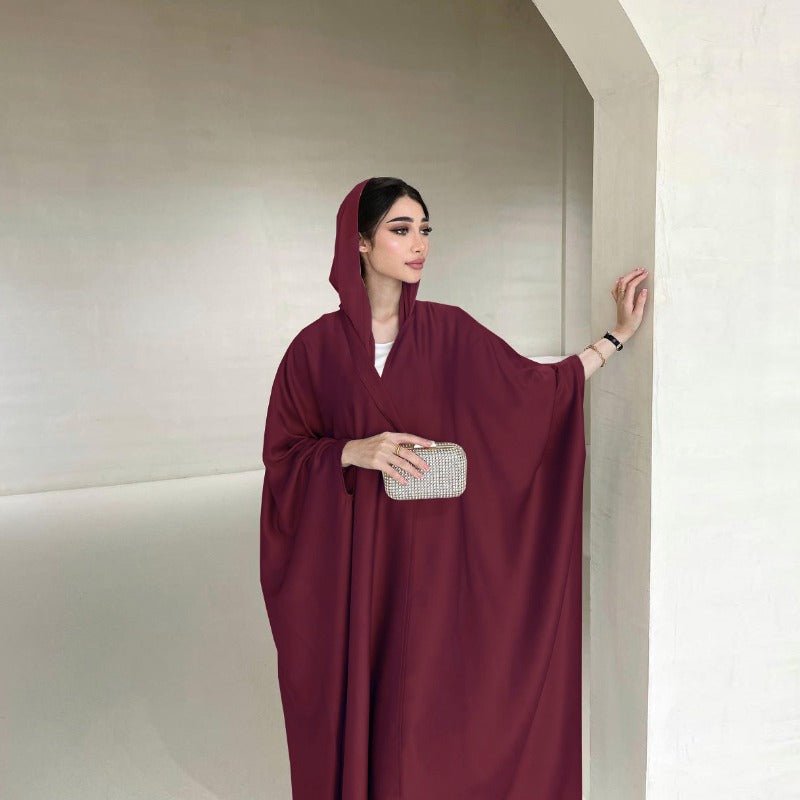 Robe Abaya à Manches Chauve-Souris Douces | Robe Cardigan en Satin à Col en V (MOA224)