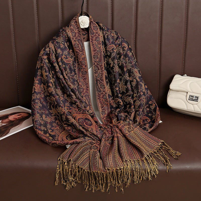 Hijab Vintage Shawl à Motif Fleur de Cajou avec Pompons (MH101)