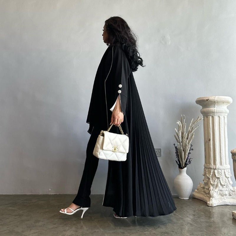 Robe longue automne et hiver à ouverture avant | Abaya cardigan plissée unie (MOA218)