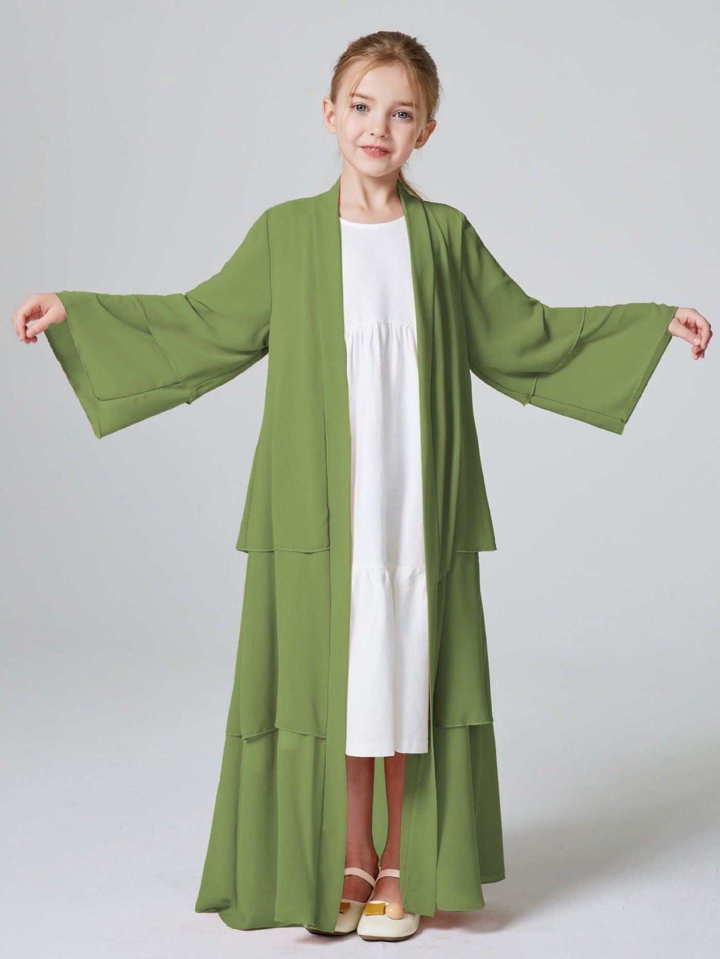 Abaya ouverte en mousseline unie 3 couches pour fillettes (MKG009)