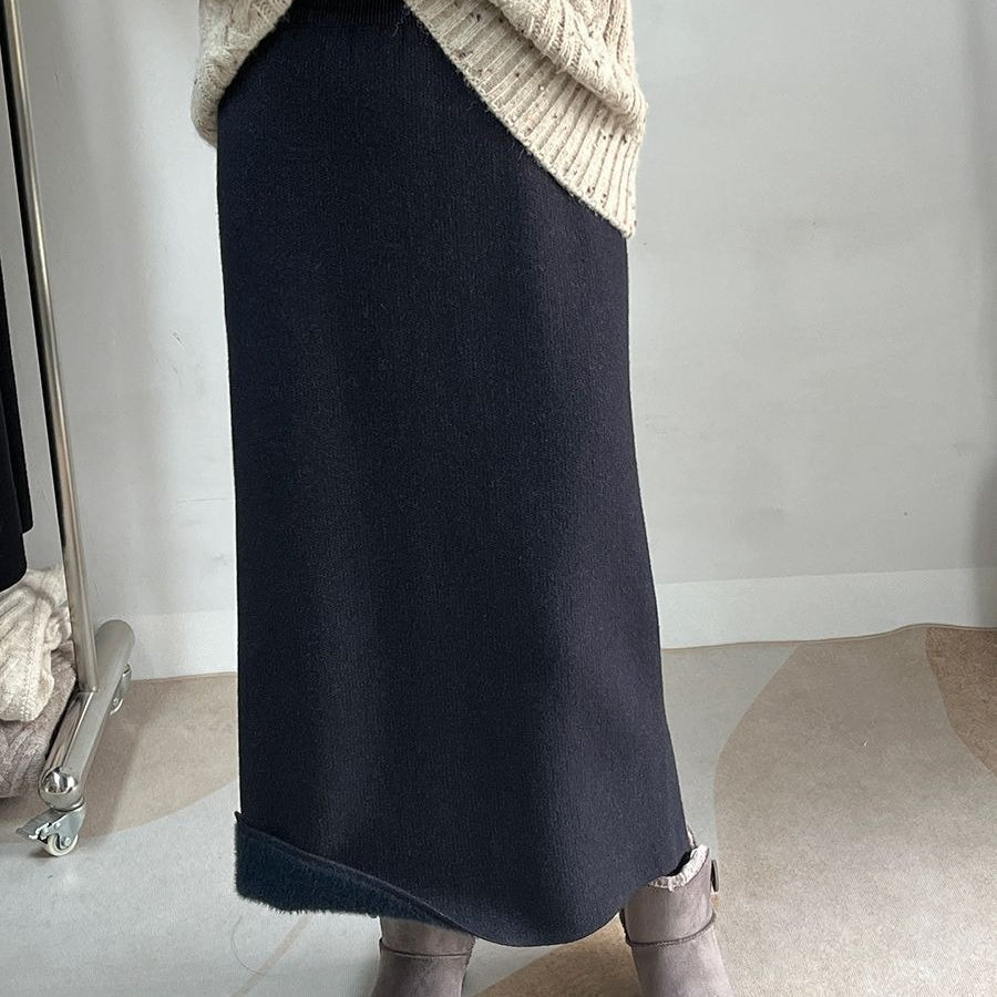 Jupe midi polaire hiver | Jupe en maille chaude taille haute avec fente latérale (MS207)