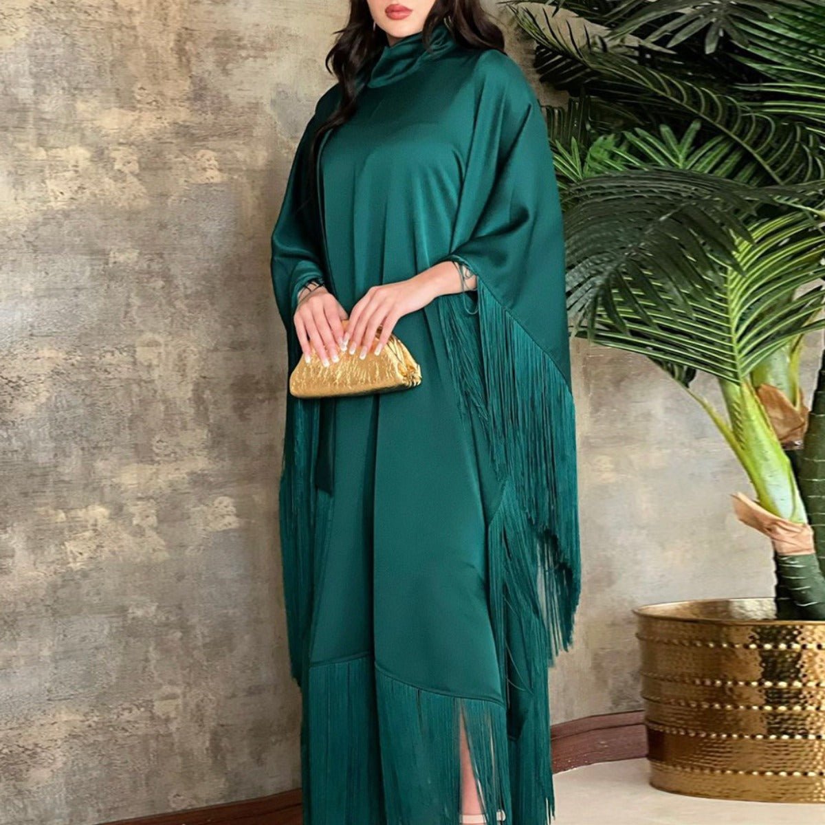 Kaftan Manches Chauve-Souris à Pompons | Robe de Soirée avec Détails Frangés Fluides (MA288)