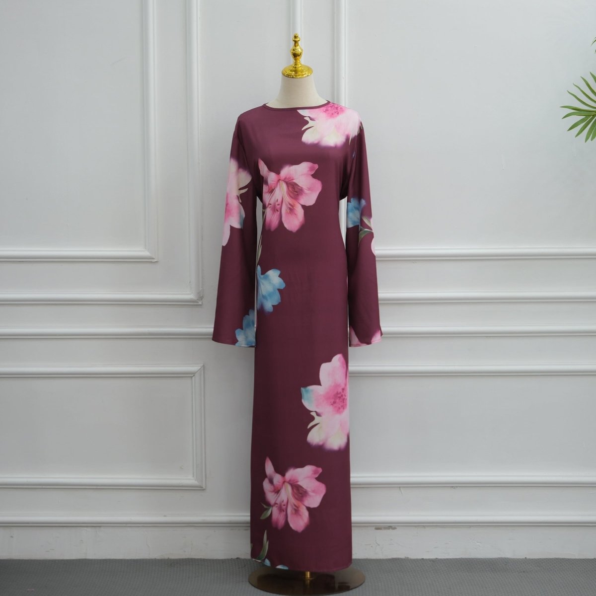 Robe Maxi à Manches Larges en Crinkle Délavé Floral Aquarelle (MS473)