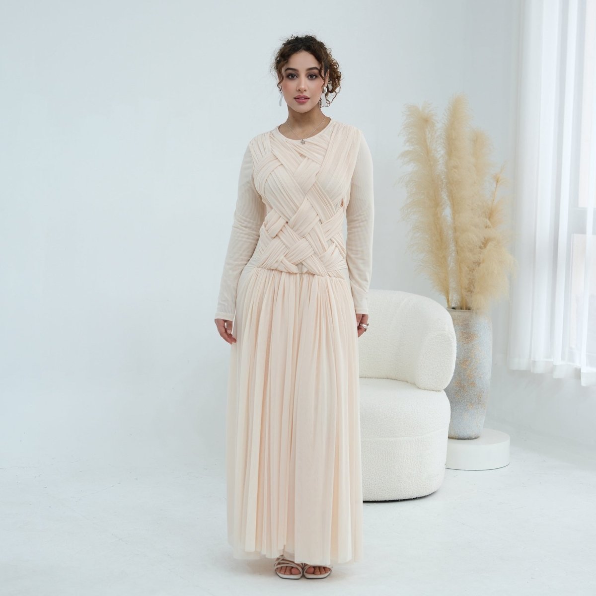 Robe longue en tulle avec bustier tressé à brides croisées (MS454)