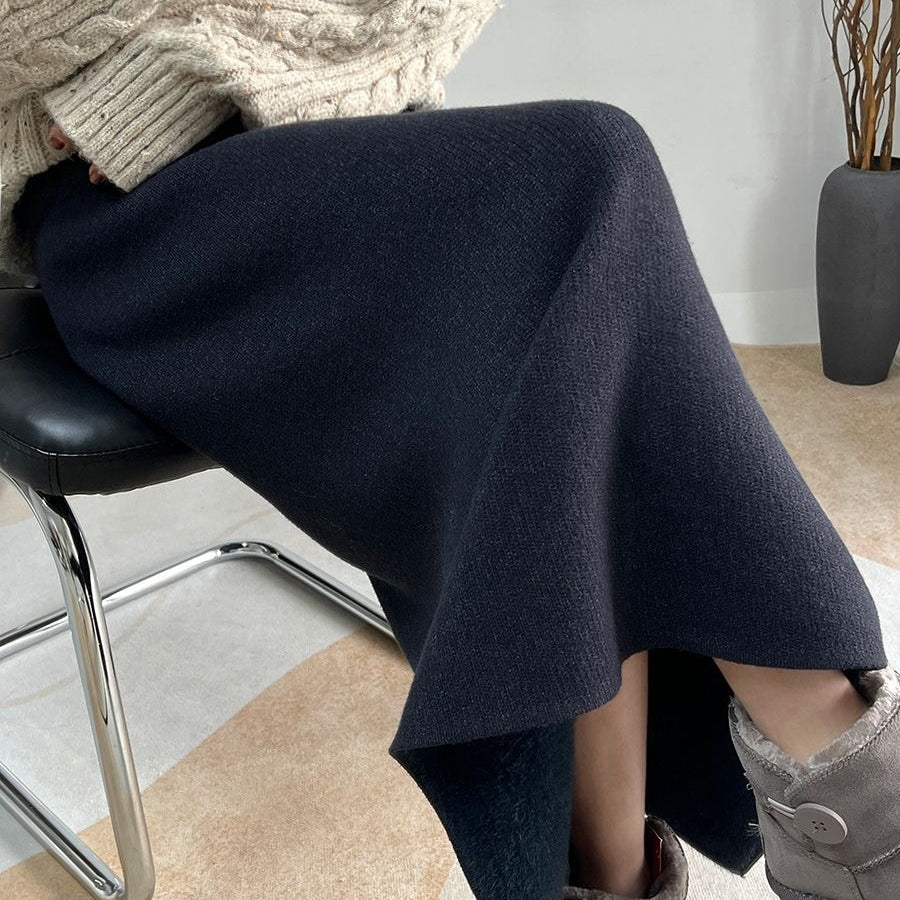 Jupe midi polaire hiver | Jupe en maille chaude taille haute avec fente latérale (MS207)