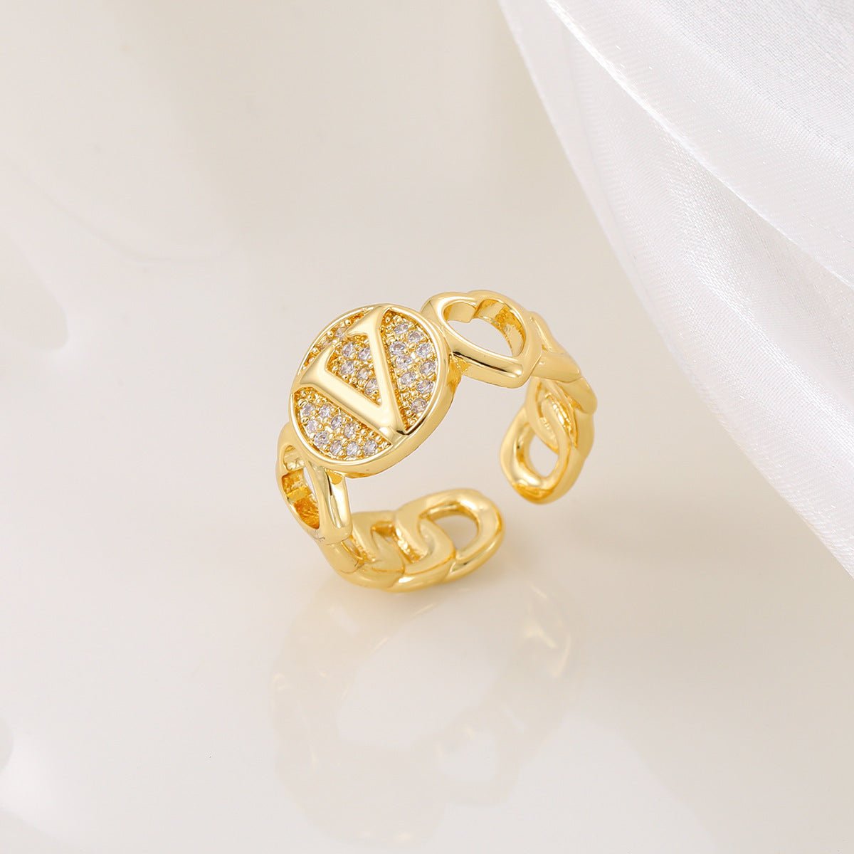 Ensemble MAC186 Cuivre avec Zircon, Bague Lettre Love Brillante Plaqué Or Réel 18K