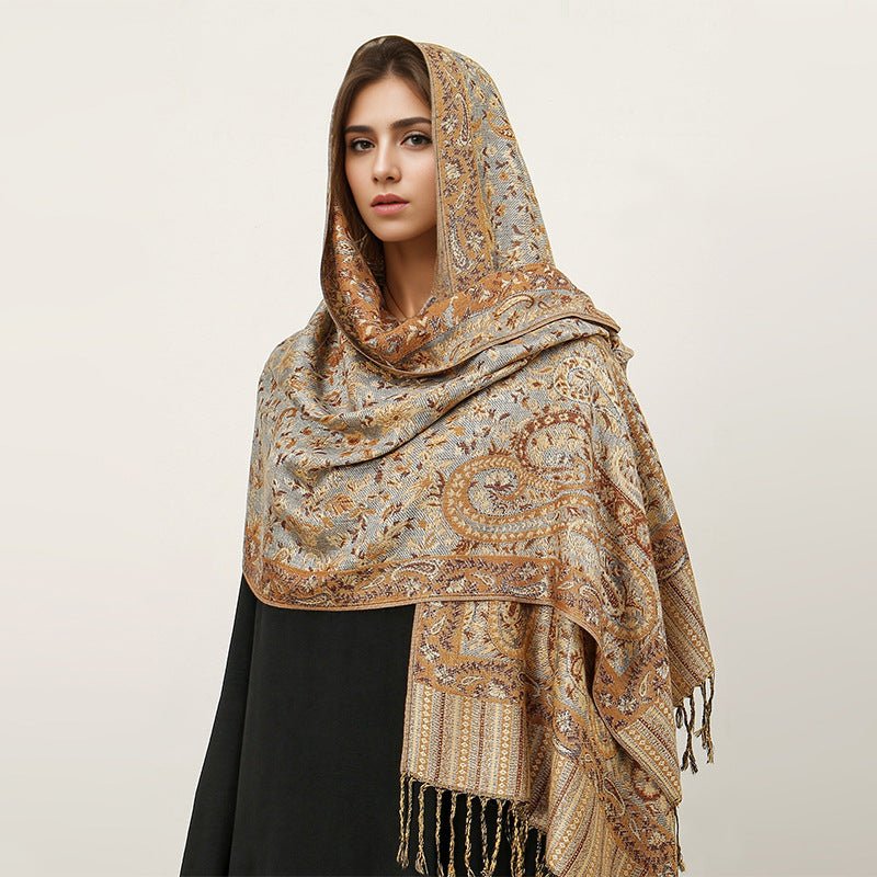 Hijab Vintage Shawl à Motif Fleur de Cajou avec Pompons (MH101)