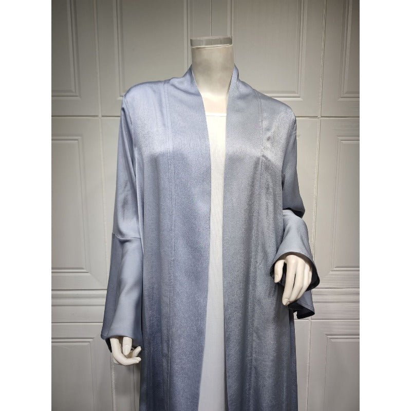 Robe Abaya Unie en Satin Doux Ouverte Devant à Manches Feuille de Lotus | Cache-Abaya Modeste Léger (MOA220)
