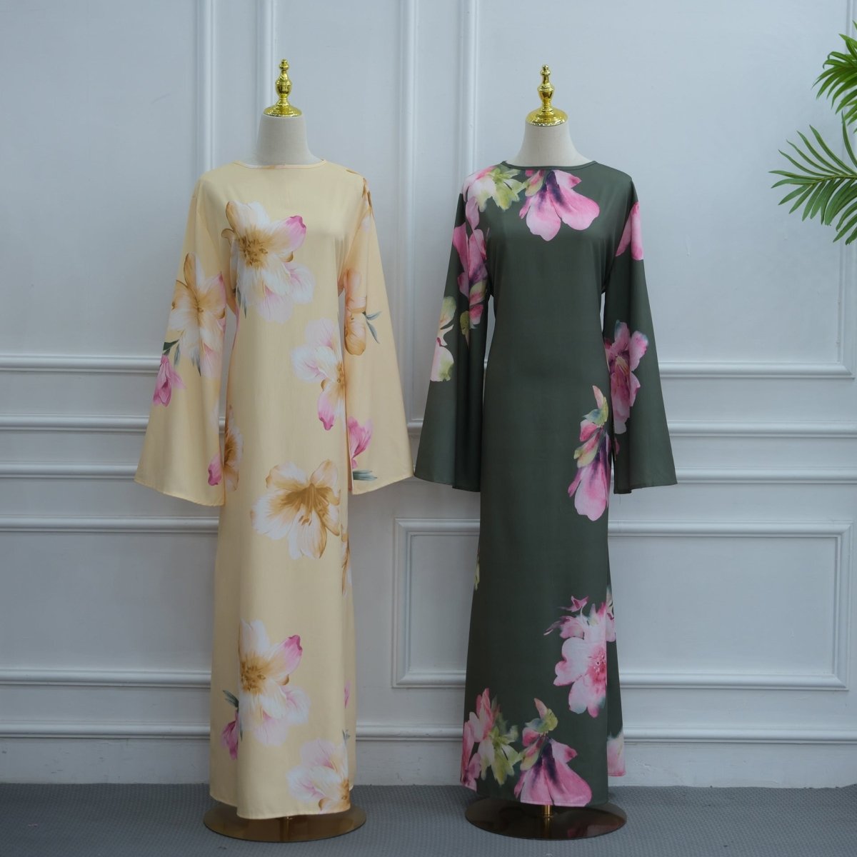 Robe Maxi à Manches Larges en Crinkle Délavé Floral Aquarelle (MS473)
