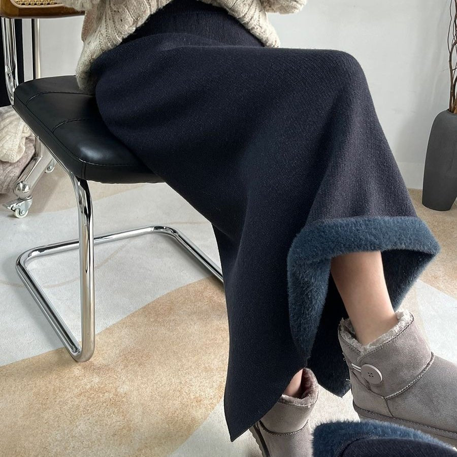 Jupe midi polaire hiver | Jupe en maille chaude taille haute avec fente latérale (MS207)