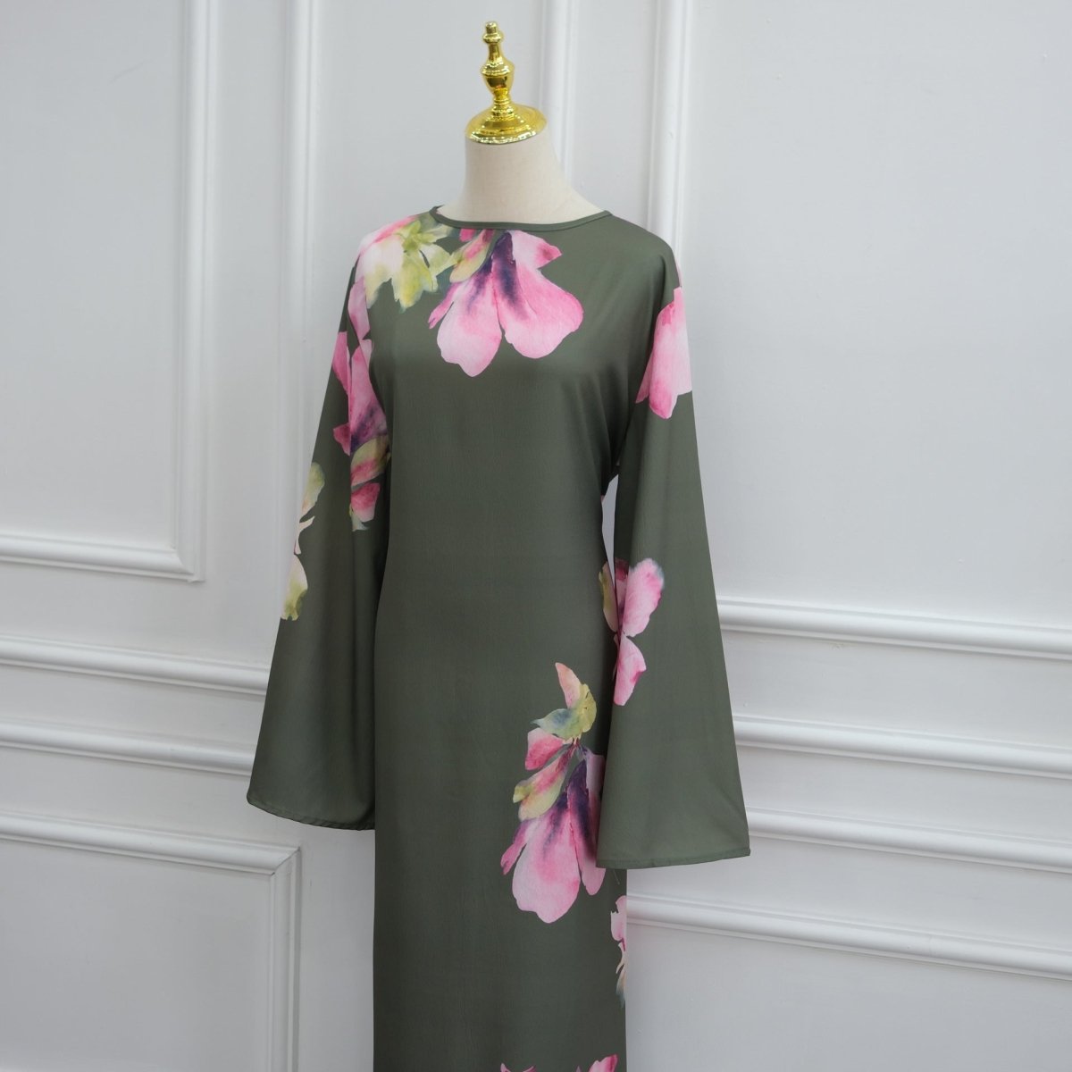 Robe Maxi à Manches Larges en Crinkle Délavé Floral Aquarelle (MS473)