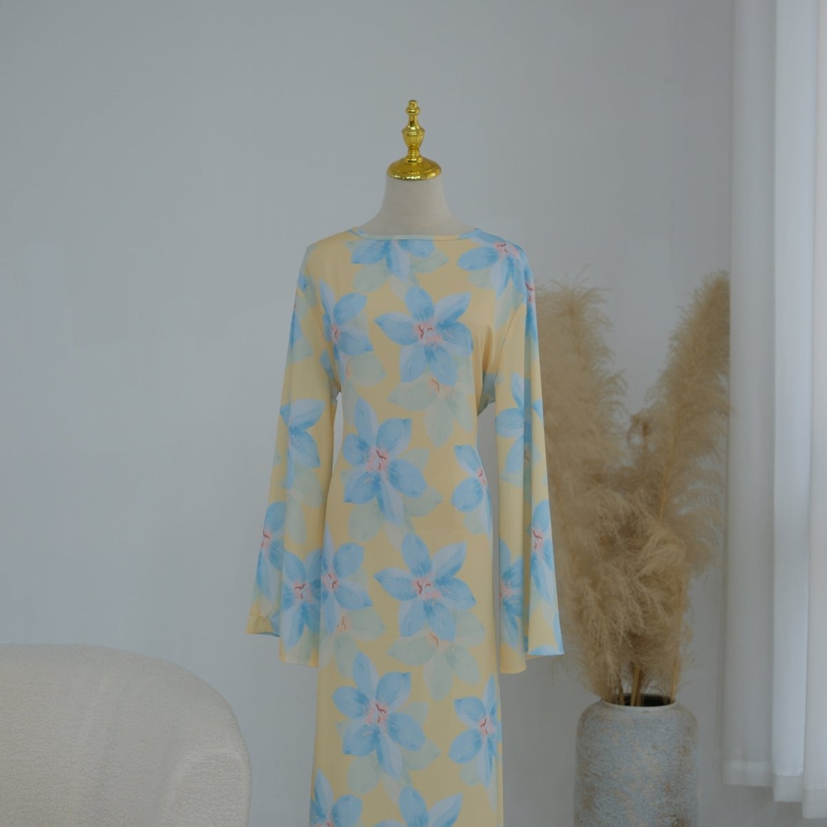 Robe Maxi Froissée Délavée à Imprimé Floral (MS437)