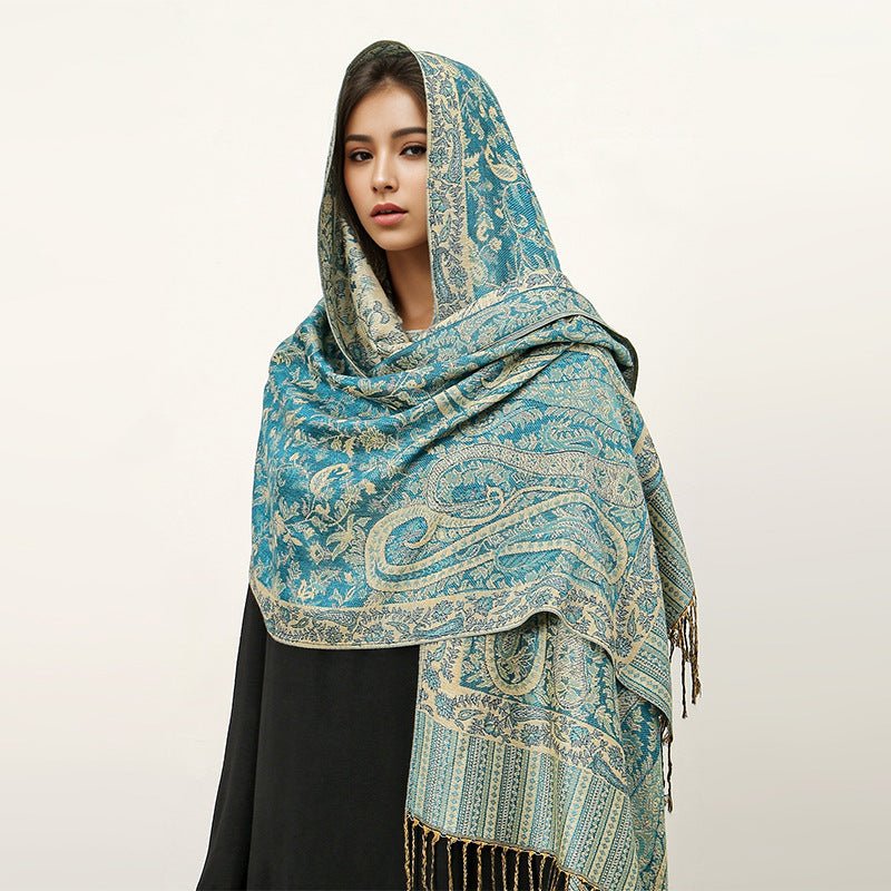 Hijab Vintage Shawl à Motif Fleur de Cajou avec Pompons (MH101)