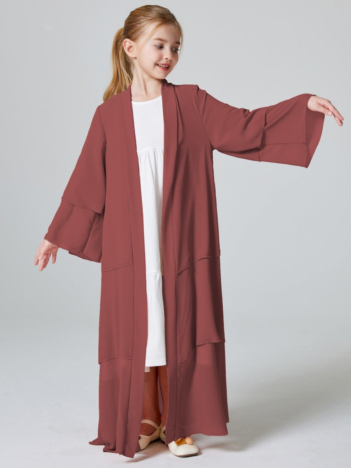 Abaya ouverte en mousseline unie 3 couches pour fillettes (MKG009)