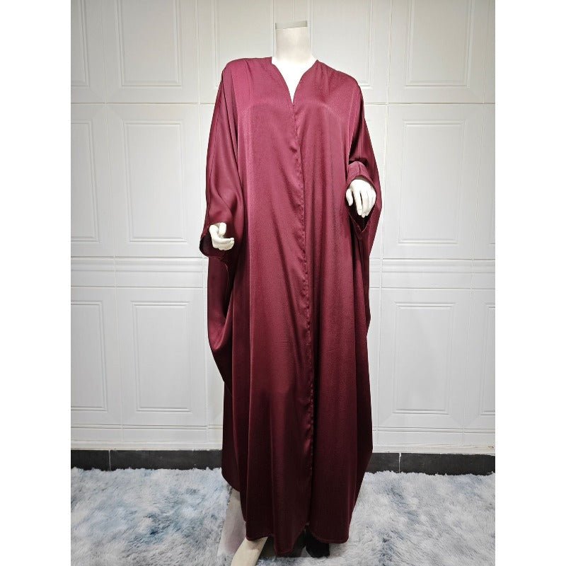 Robe Abaya à Manches Chauve-Souris Douces | Robe Cardigan en Satin à Col en V (MOA224)
