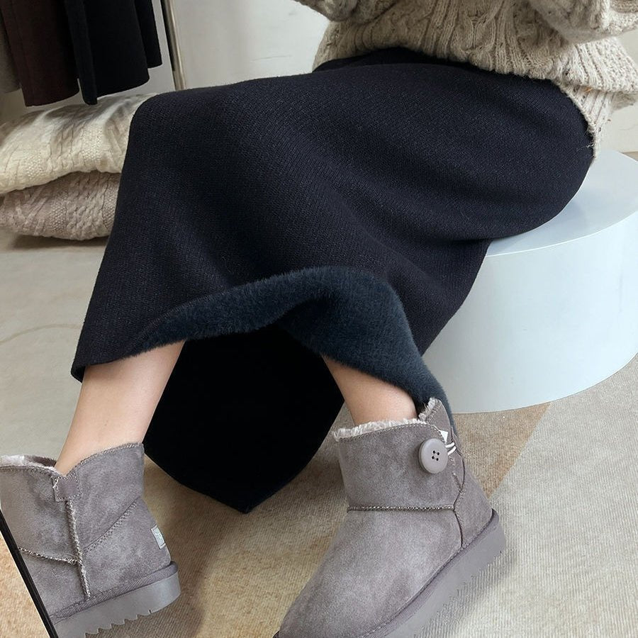 Jupe midi polaire hiver | Jupe en maille chaude taille haute avec fente latérale (MS207)