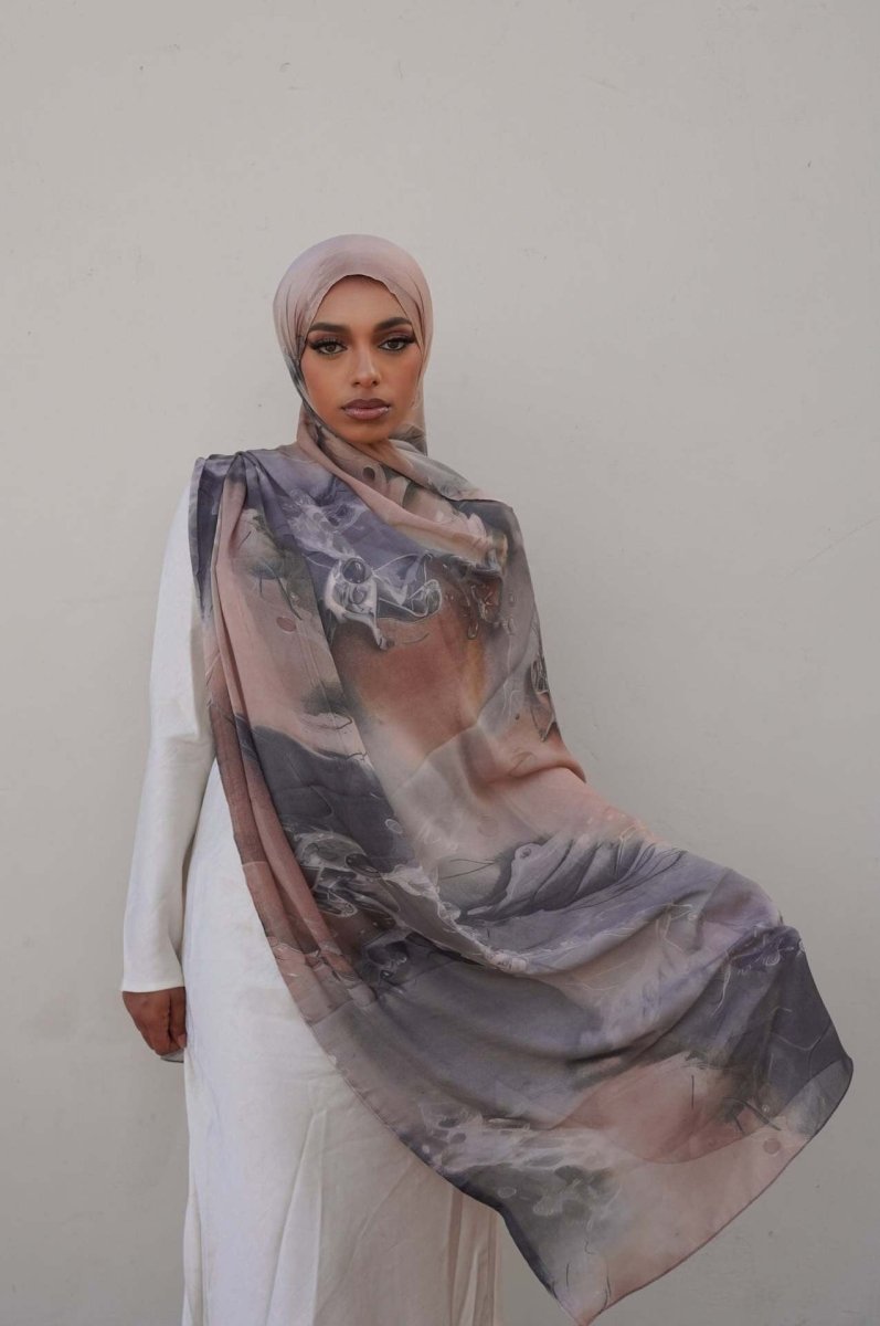 Foulard Hijab Imprimé Luxueux Aspect Soie | Grand Hijab Rectangulaire 180x85cm (MH146)