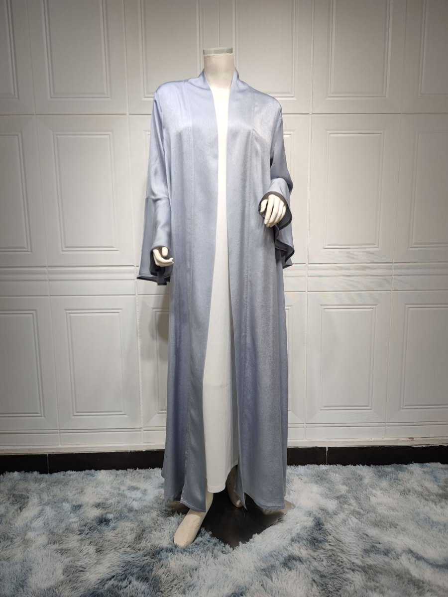 Robe Abaya Unie en Satin Doux Ouverte Devant à Manches Feuille de Lotus | Cache-Abaya Modeste Léger (MOA220)