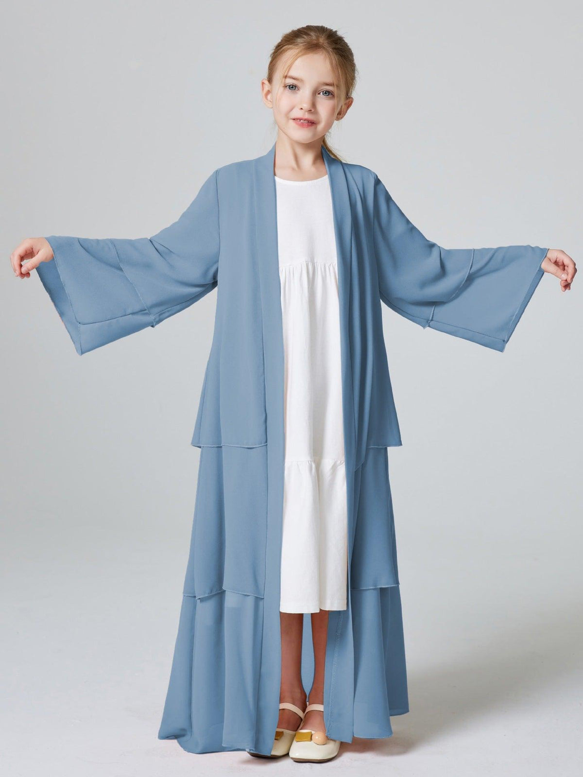 Abaya ouverte en mousseline unie 3 couches pour fillettes (MKG009)