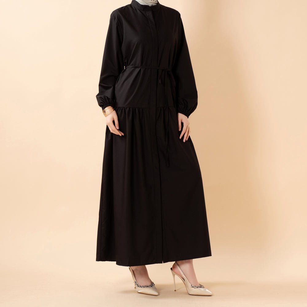 Robe Abaya Maxi Trench Cintrée en Ligne A avec Poches (MA422)