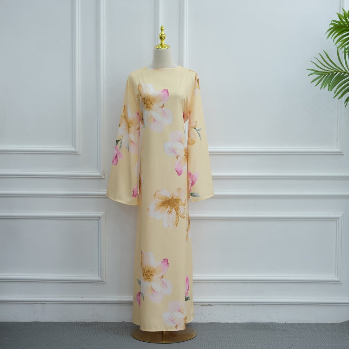 Robe Maxi à Manches Larges en Crinkle Délavé Floral Aquarelle (MS473)