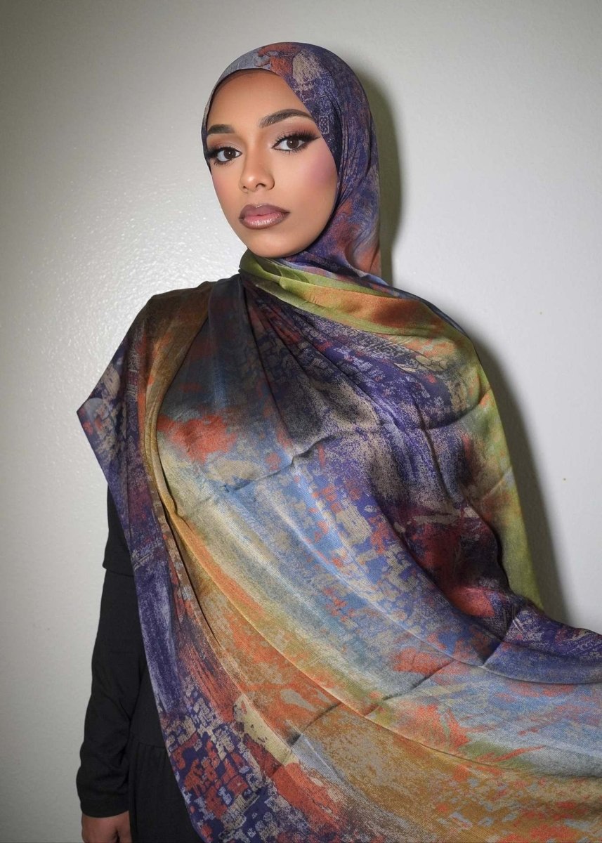 Foulard Hijab Imprimé Luxueux Aspect Soie | Grand Hijab Rectangulaire 180x85cm (MH146)