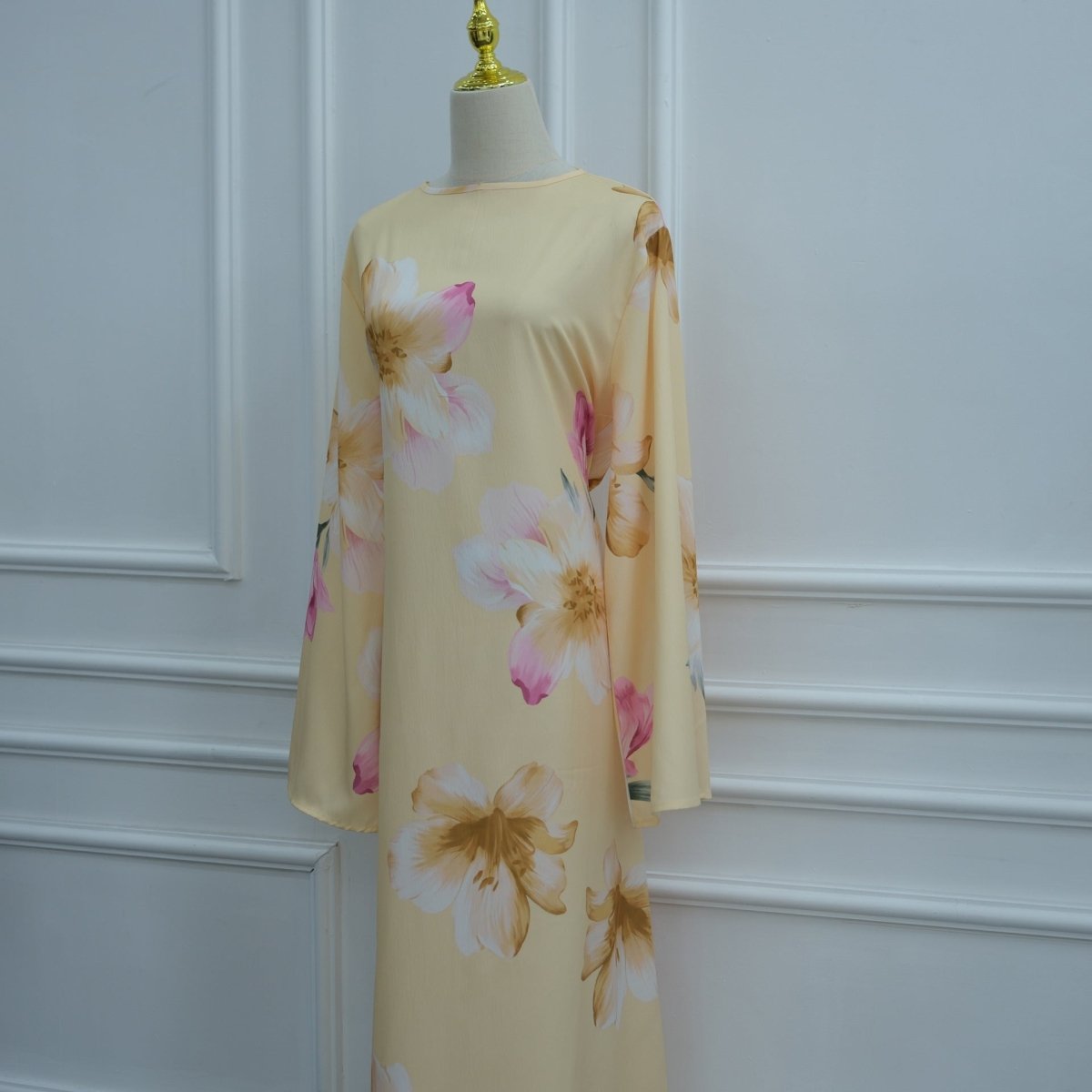 Robe Maxi à Manches Larges en Crinkle Délavé Floral Aquarelle (MS473)