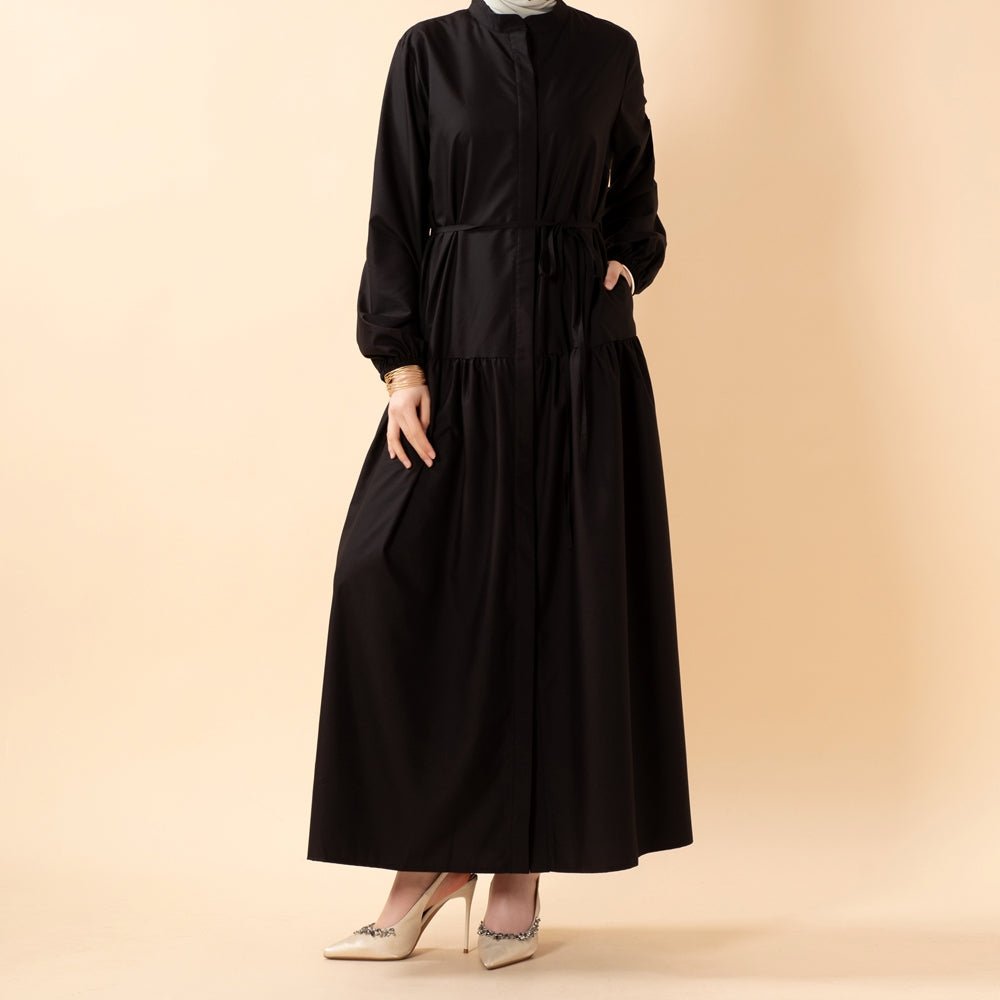 Robe Abaya Maxi Trench Cintrée en Ligne A avec Poches (MA422)