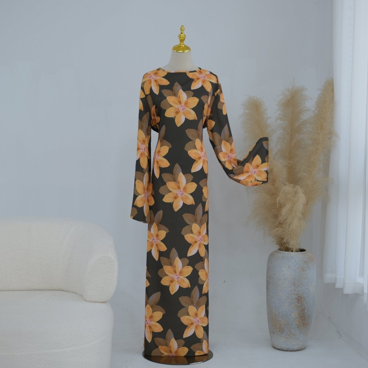 Robe Maxi Froissée Délavée à Imprimé Floral (MS437)