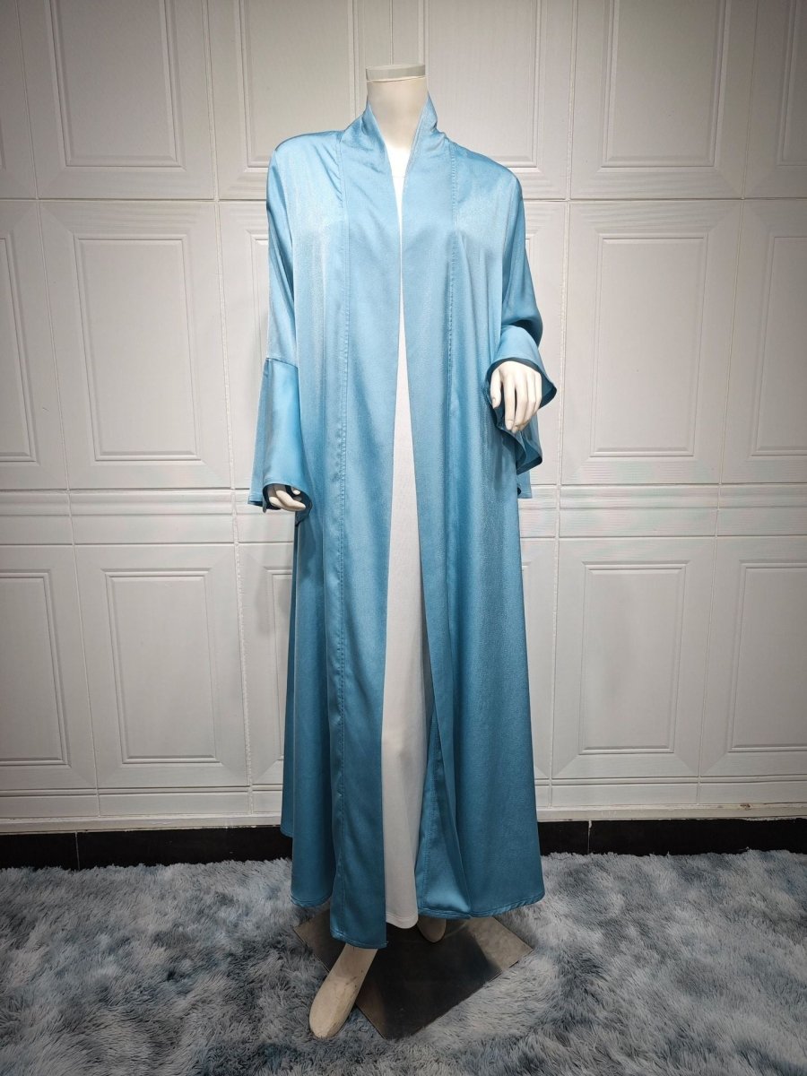 Robe Abaya Unie en Satin Doux Ouverte Devant à Manches Feuille de Lotus | Cache-Abaya Modeste Léger (MOA220)