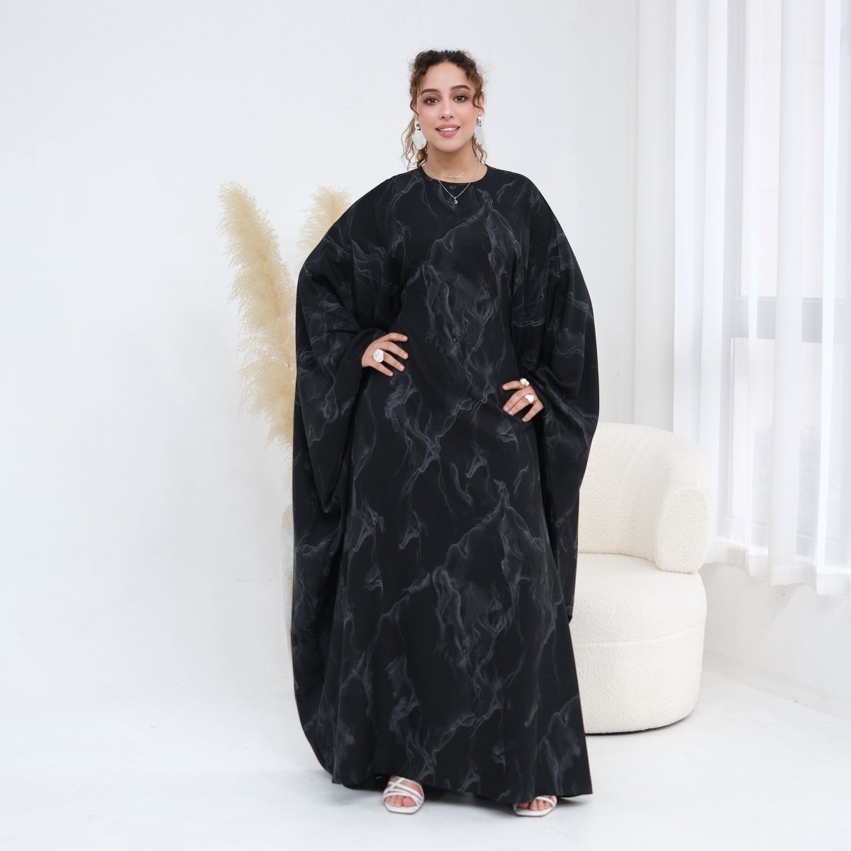Robe Longue Imprimée à Manches Chauve-Souris (MA446)