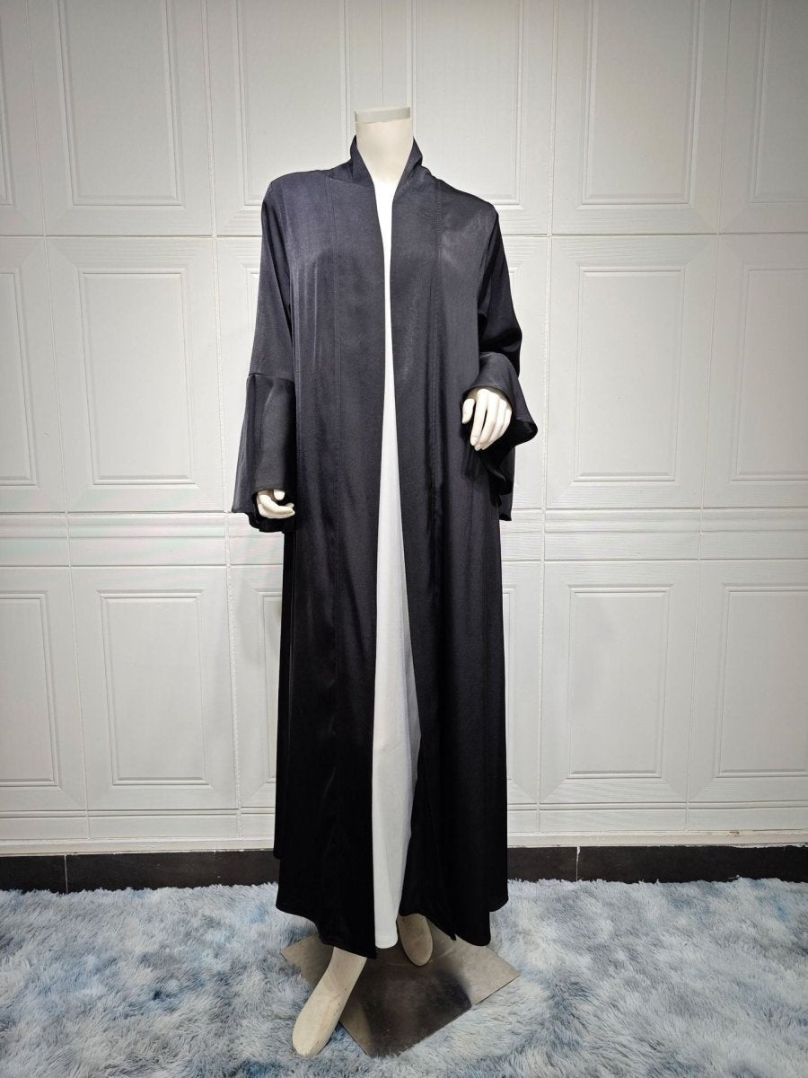 Robe Abaya Unie en Satin Doux Ouverte Devant à Manches Feuille de Lotus | Cache-Abaya Modeste Léger (MOA220)
