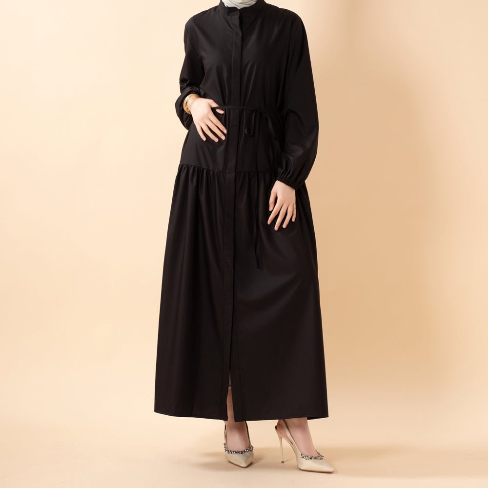 Robe Abaya Maxi Trench Cintrée en Ligne A avec Poches (MA422)