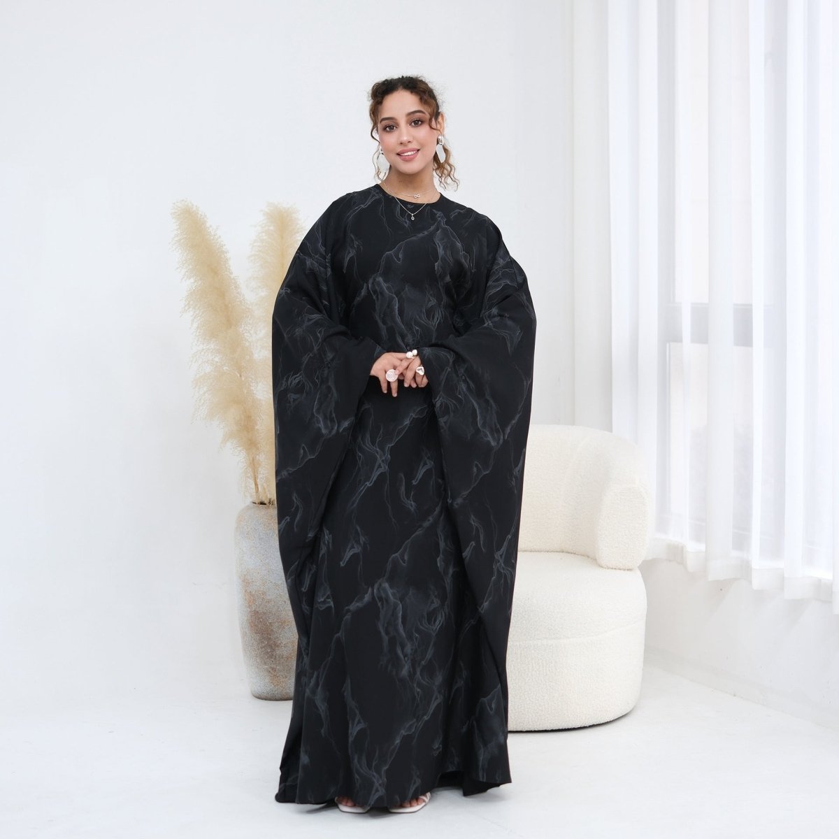 Robe Longue Imprimée à Manches Chauve-Souris (MA446)