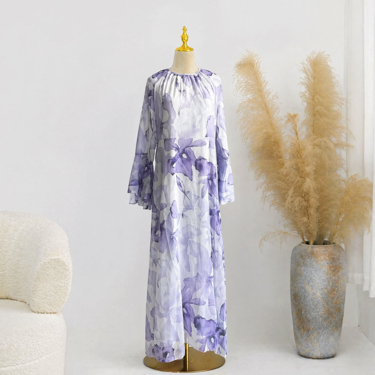 Robe maxi imprimée aquarelle à double couche et manches évasées (MS479)