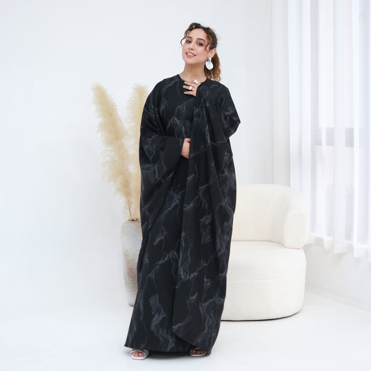 Robe Longue Imprimée à Manches Chauve-Souris (MA446)