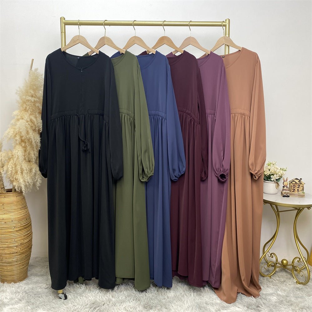 Abaya Ample Modeste pour Musulmane, Manches Extensibles, Fermeture Éclair Frontale, Coupe Trapèze (MA175)
