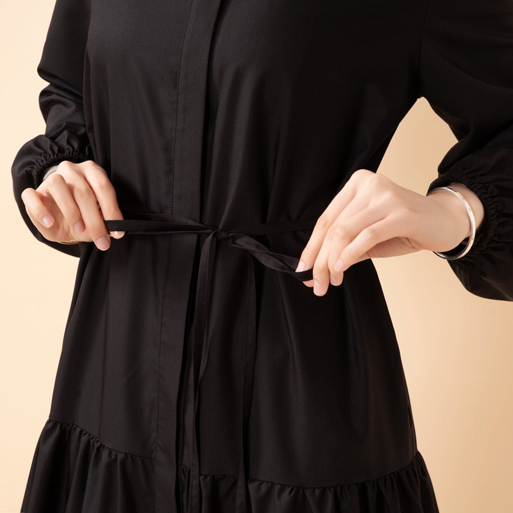 Robe Abaya Maxi Trench Cintrée en Ligne A avec Poches (MA422)