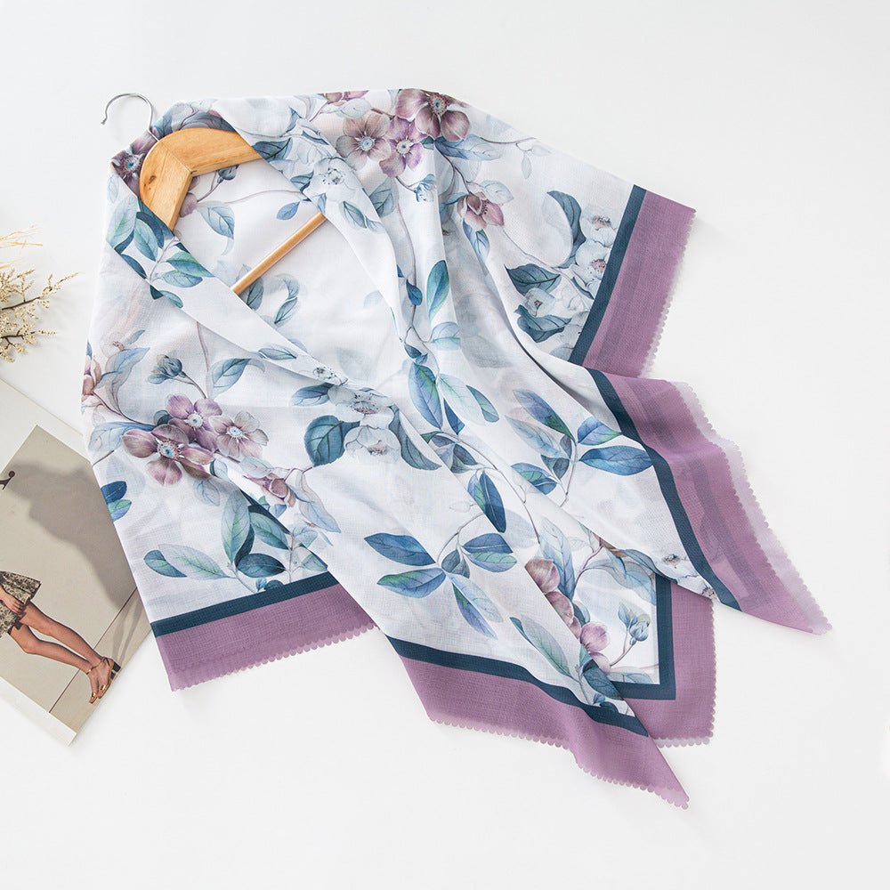 Hijab en voile MH072 à imprimé floral carré, à bordure ondulée