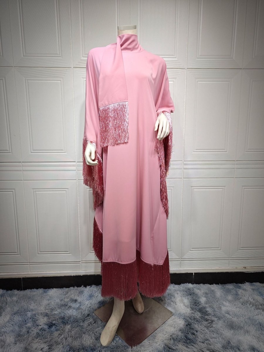 Kaftan Manches Chauve-Souris à Pompons | Robe de Soirée avec Détails Frangés Fluides (MA288)