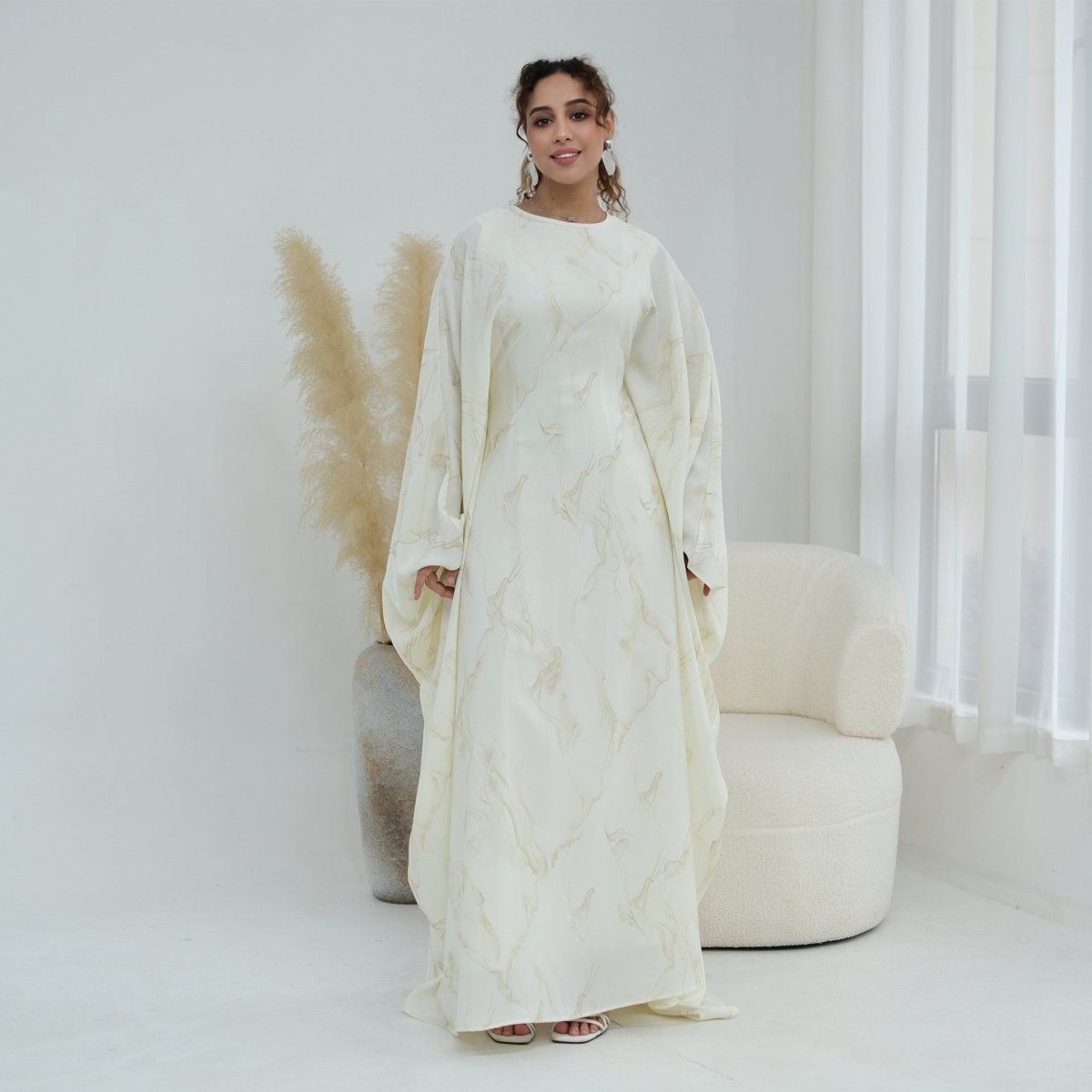 Robe Longue Imprimée à Manches Chauve-Souris (MA446)